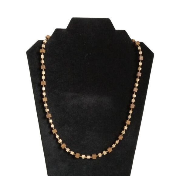 Brown & Beige Single Strand Wooden Cubed Squared Beaded Lightweight Necklace - Picture 1 of 11